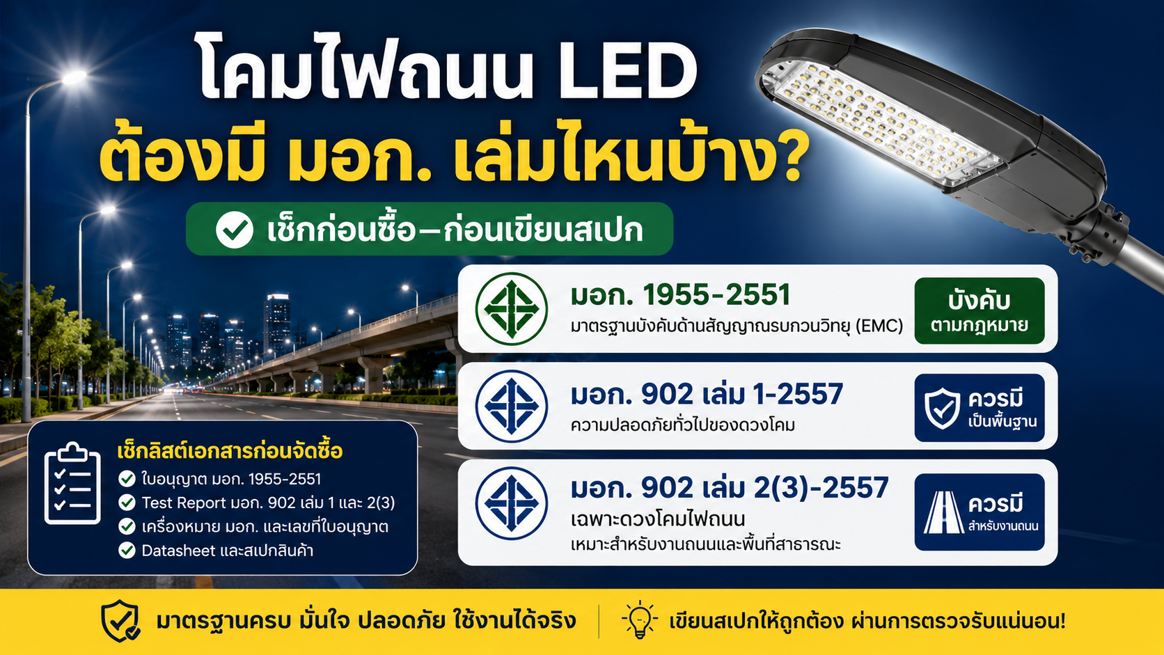 โคมไฟถนน LED ต้องมี มอก. เล่มไหนบ้าง? เช็กก่อนซื้อ–ก่อนเขียนสเปก