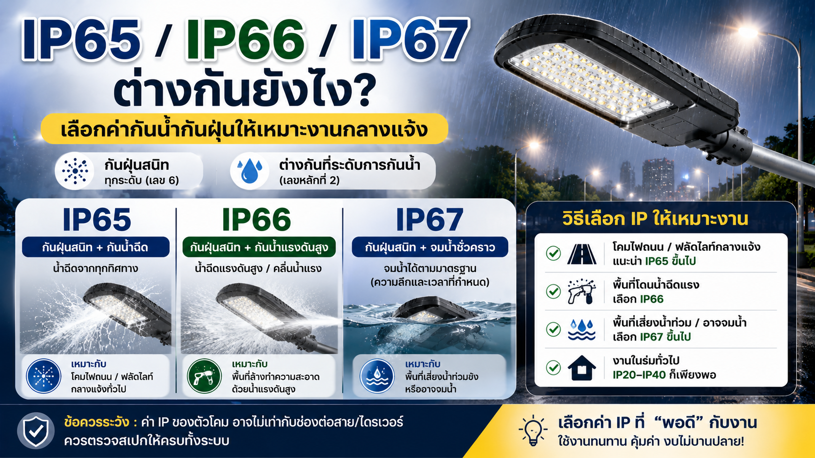 IP65 / IP66 / IP67 ต่างกันยังไง? เลือกค่ากันน้ำกันฝุ่นให้เหมาะงานกลางแจ้ง