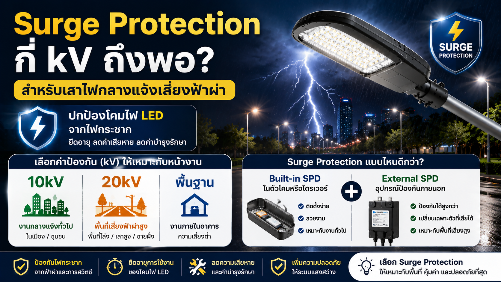 Surge Protection กี่ kV ถึงพอ? สำหรับเสาไฟกลางแจ้งเสี่ยงฟ้าผ่า