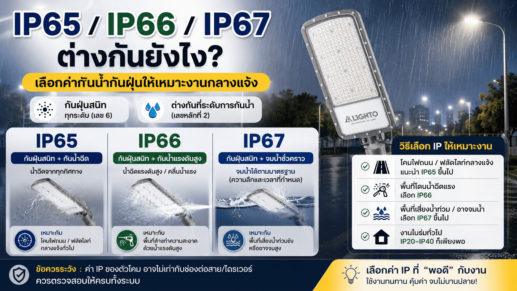 IP65 / IP66 / IP67 ต่างกันยังไง? เลือกค่ากันน้ำกันฝุ่นให้เหมาะงานกลางแจ้ง