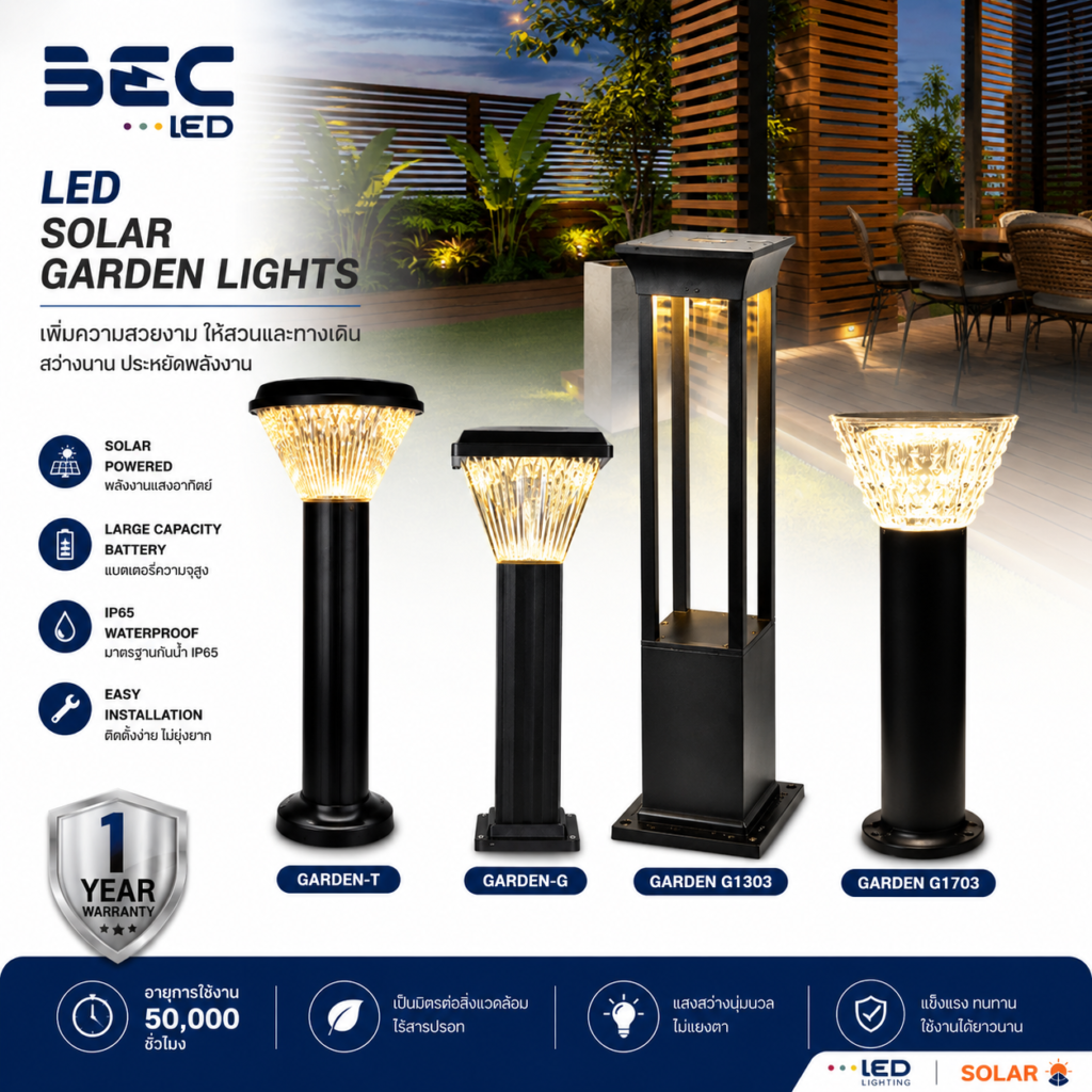 โคมไฟถนน LED โซลาร์เซลล์ BEC รุ่น Garden-G ขนาด 40W