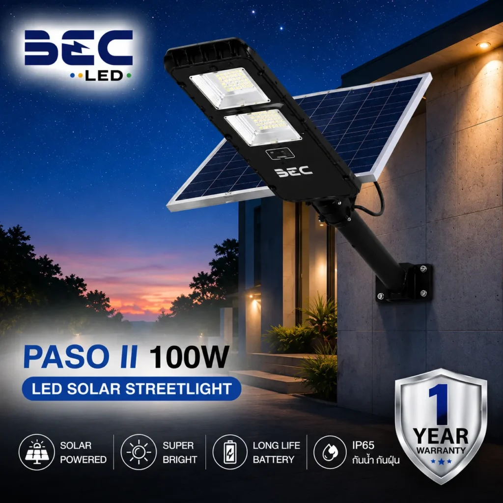 โคมไฟถนน LED โซลาร์เซลล์ BEC รุ่น PASO II ขนาด 100W