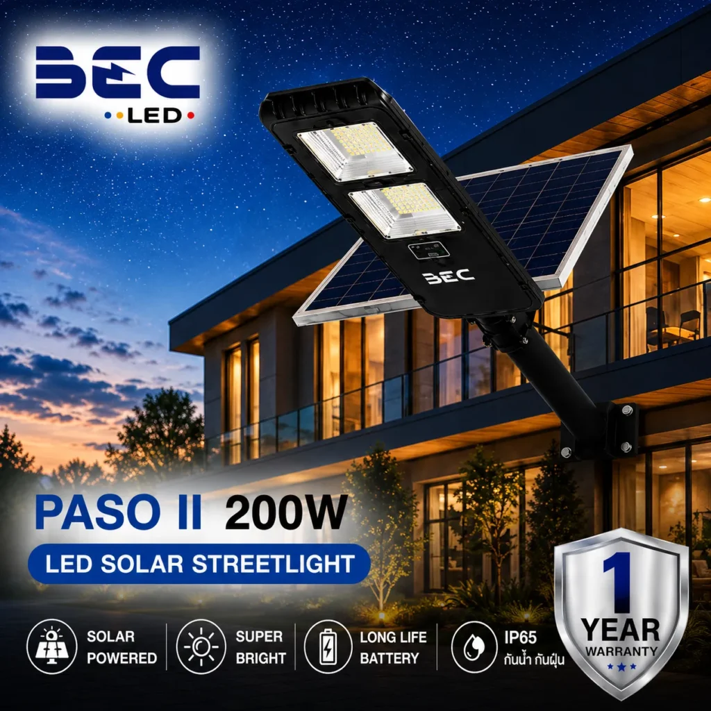 โคมไฟถนน LED โซลาร์เซลล์ BEC รุ่น PASO II ขนาด 200W