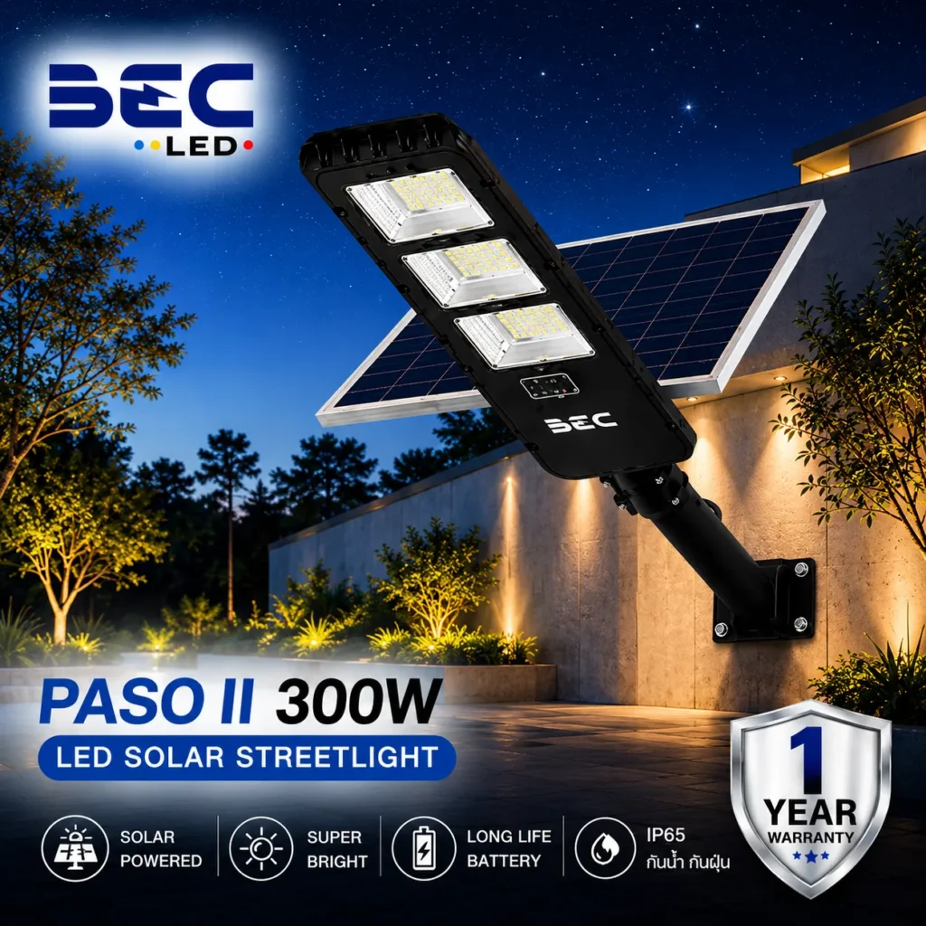 โคมไฟถนน LED โซลาร์เซลล์ BEC รุ่น PASO II ขนาด 300W