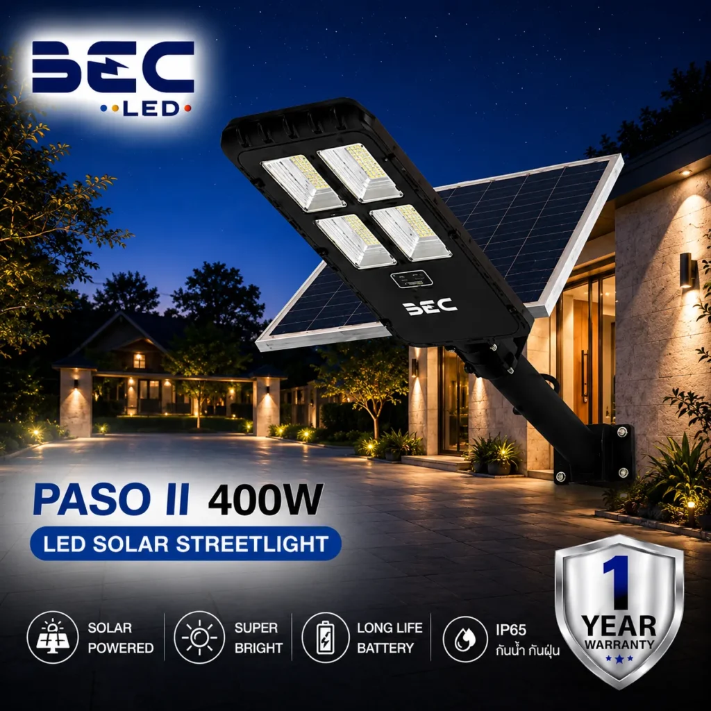 โคมไฟถนน LED โซลาร์เซลล์ BEC รุ่น PASO II ขนาด 400W