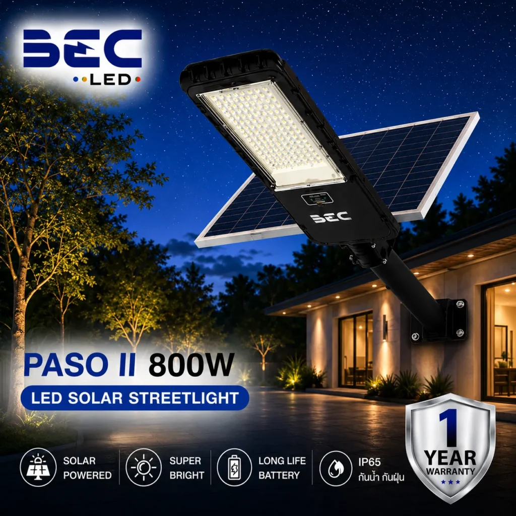 โคมไฟถนน LED โซลาร์เซลล์ BEC รุ่น PASO II ขนาด 800W